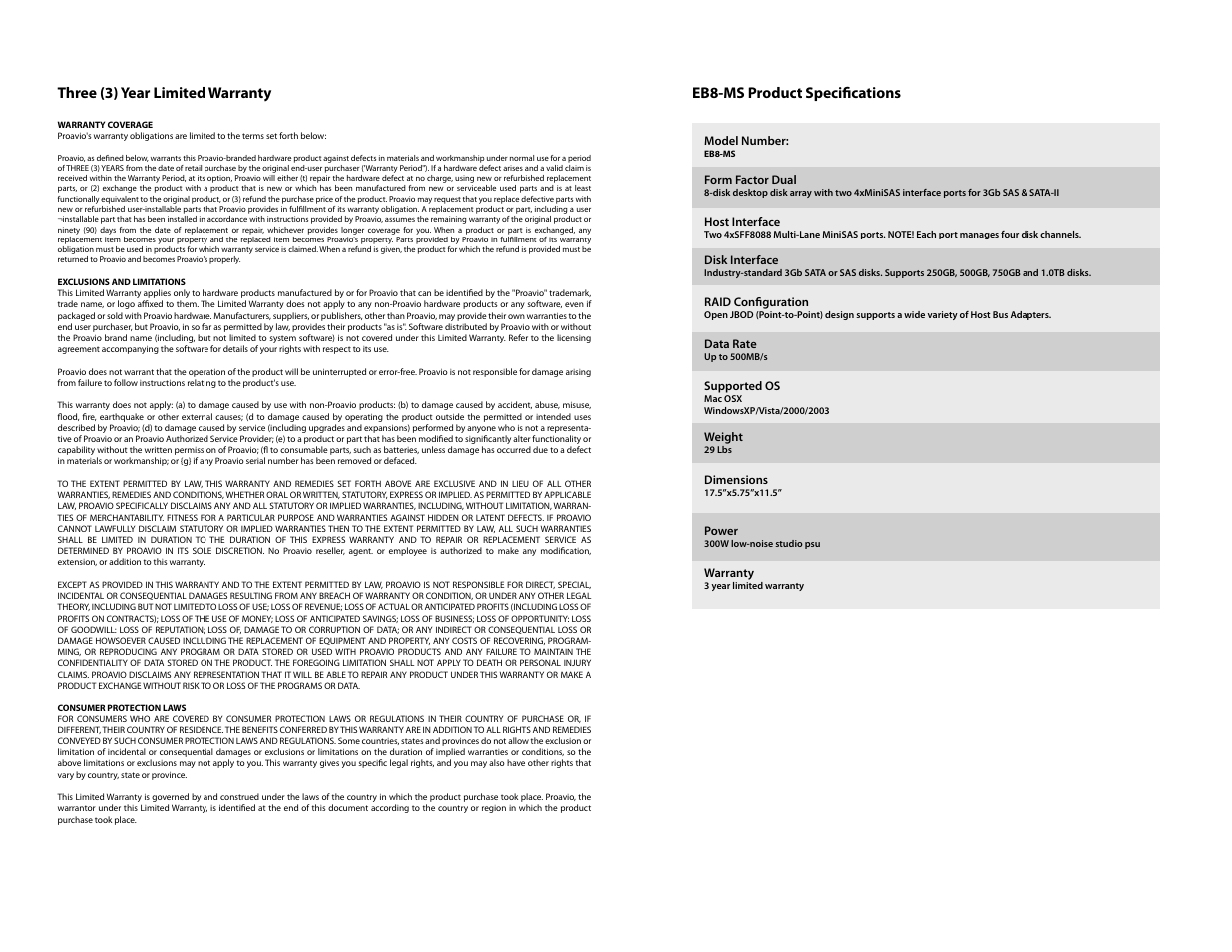 Three (3) year limited warranty, Eb8-ms product specifications | Proavio EB8MS User Manual | Page 5 / 6