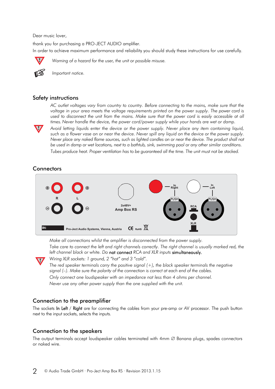 Safety instructions, Connectors, Connection to the preamplifier | Connection to the speakers | Pro-Ject Audio Systems Amp Box RS User Manual | Page 2 / 3