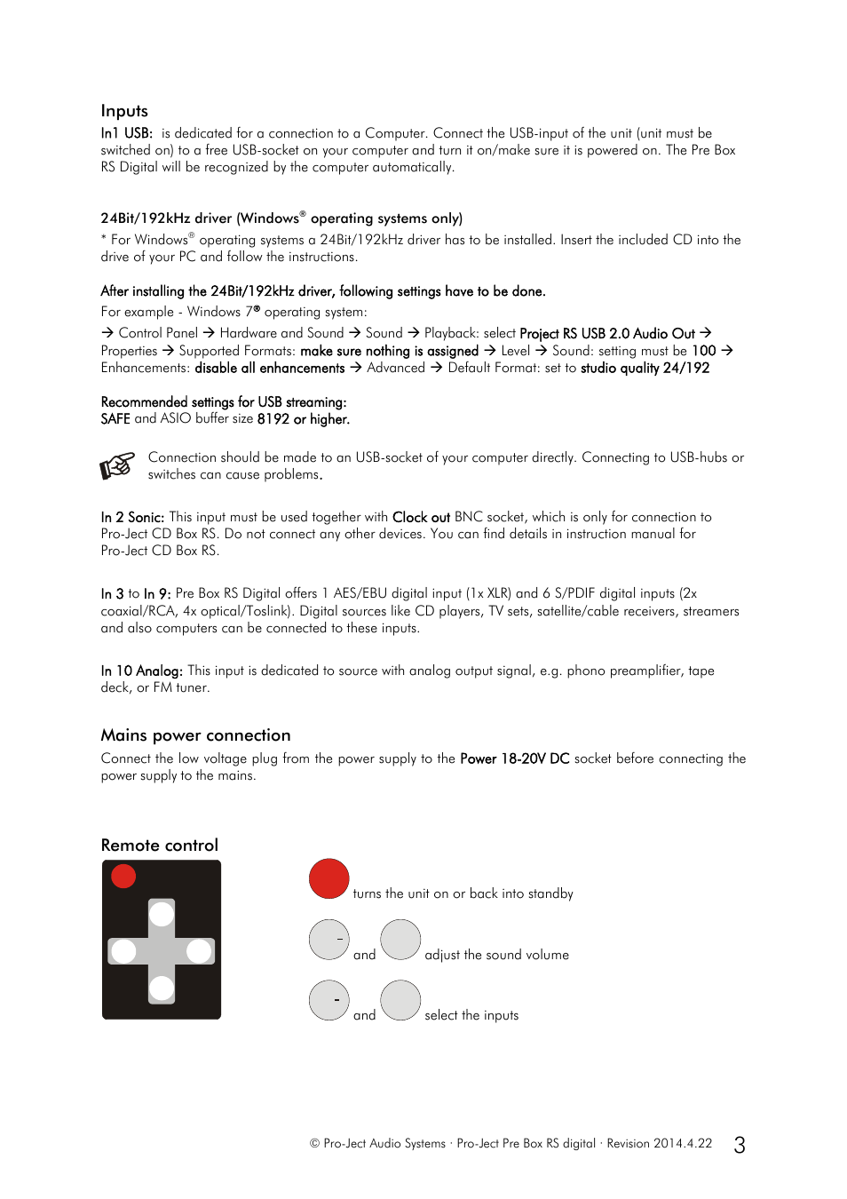 Inputs, Mains power connection, Remote control | Pro-Ject Audio Systems Pre Box RS Digital User Manual | Page 3 / 6