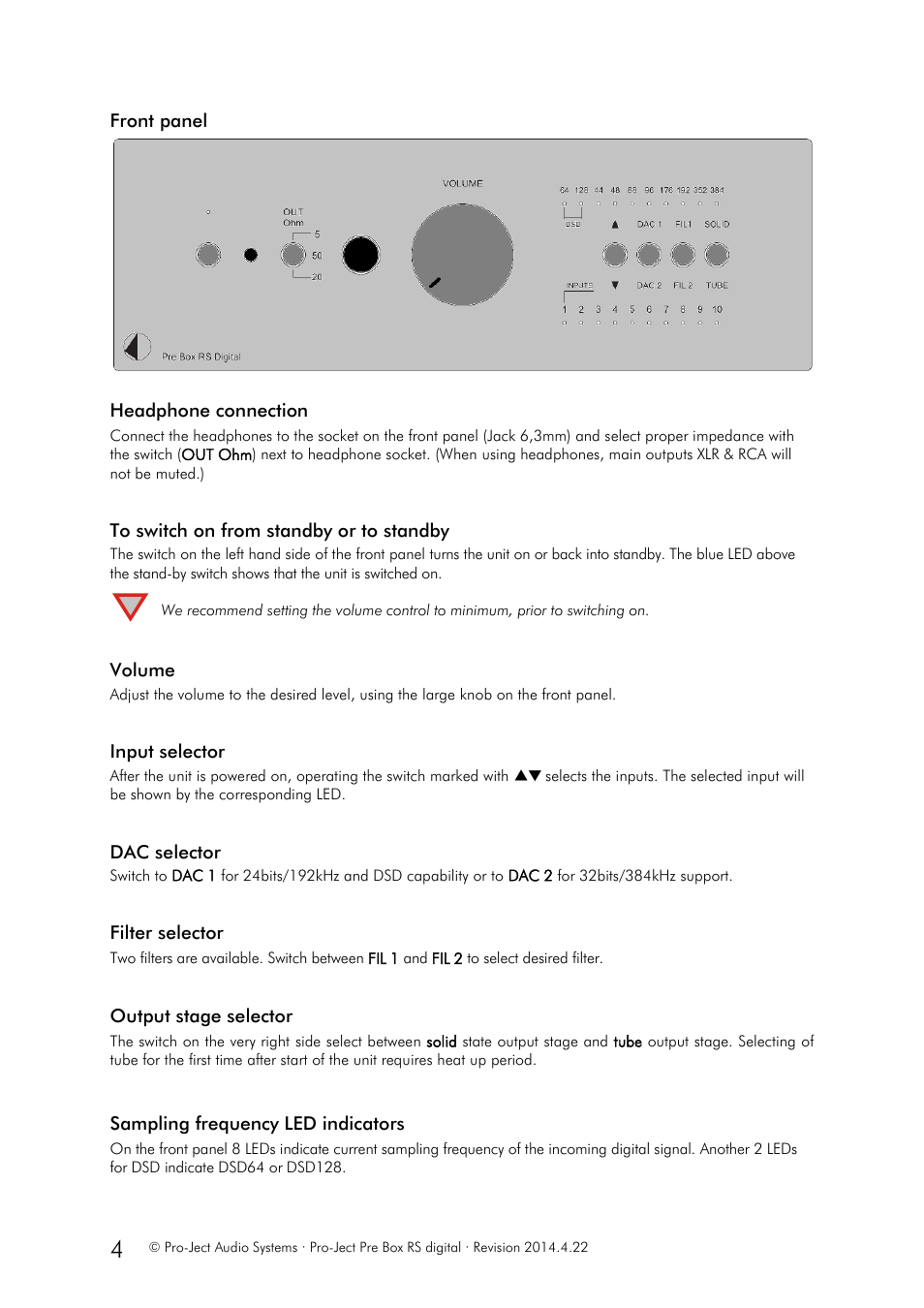 Filter selector, Output stage selector, Sampling frequency led indicators | Pro-Ject Audio Systems Pre Box RS Digital User Manual | Page 4 / 6
