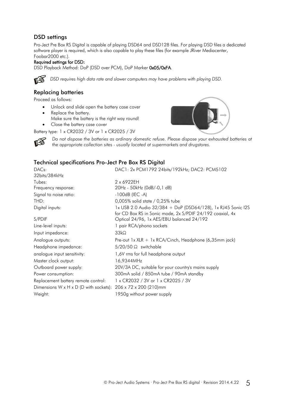 Dsd settings, Replacing batteries | Pro-Ject Audio Systems Pre Box RS Digital User Manual | Page 5 / 6