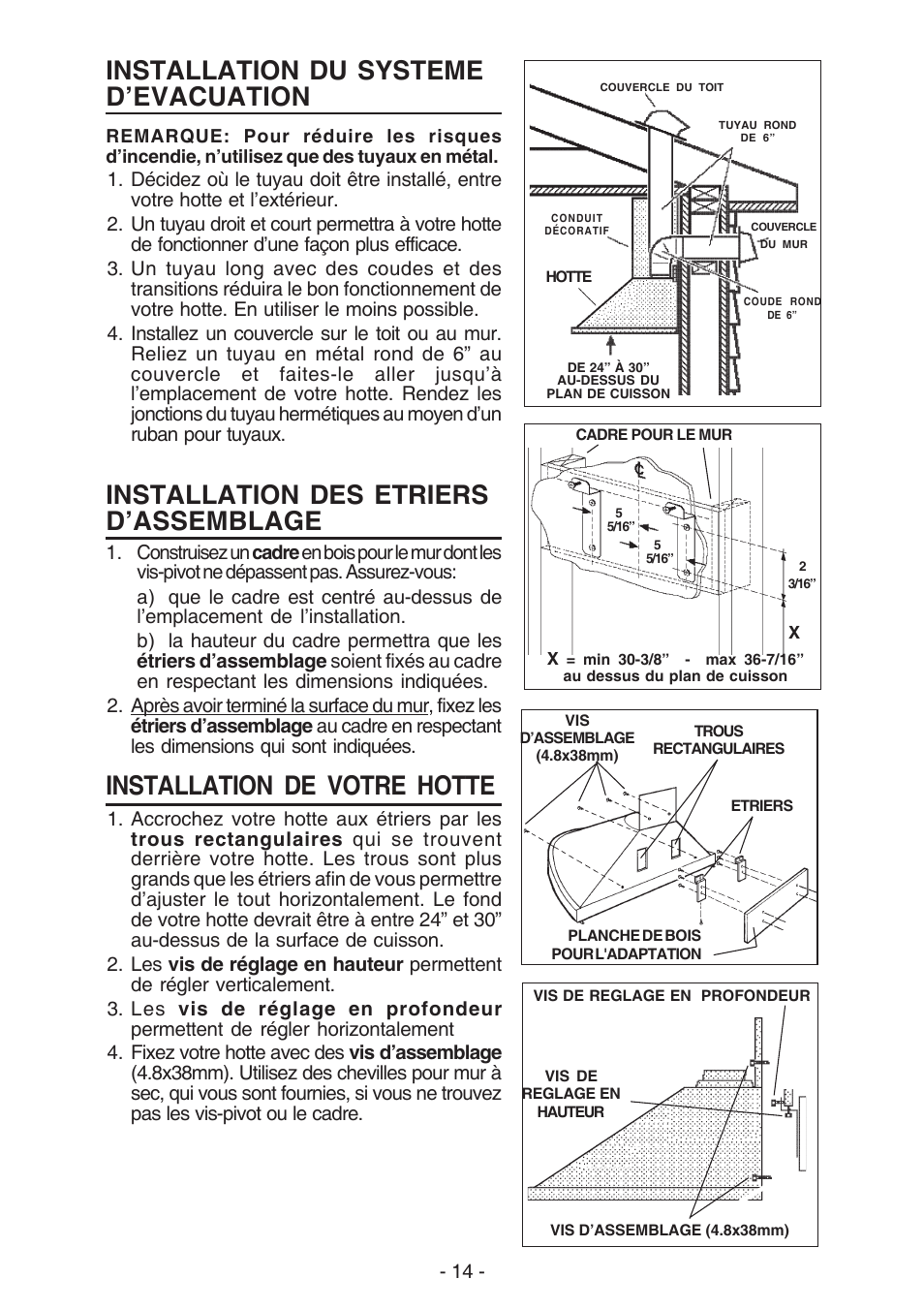 Installation du systeme d’evacuation, Installation des etriers d’assemblage, Installation de votre hotte | Best K15 User Manual | Page 14 / 32