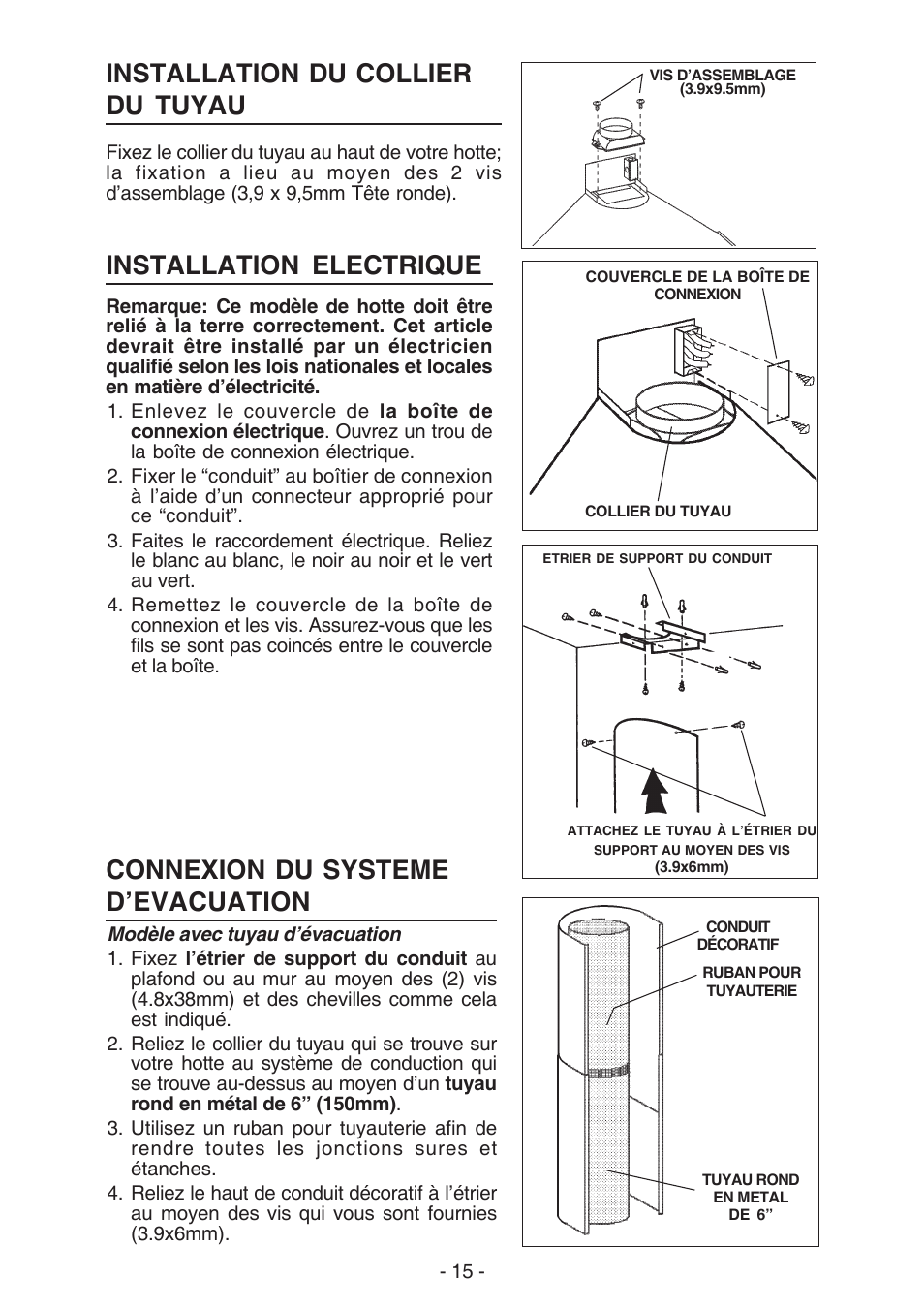 Installation electrique, Connexion du systeme d’evacuation, Installation du collier du tuyau | Best K15 User Manual | Page 15 / 32