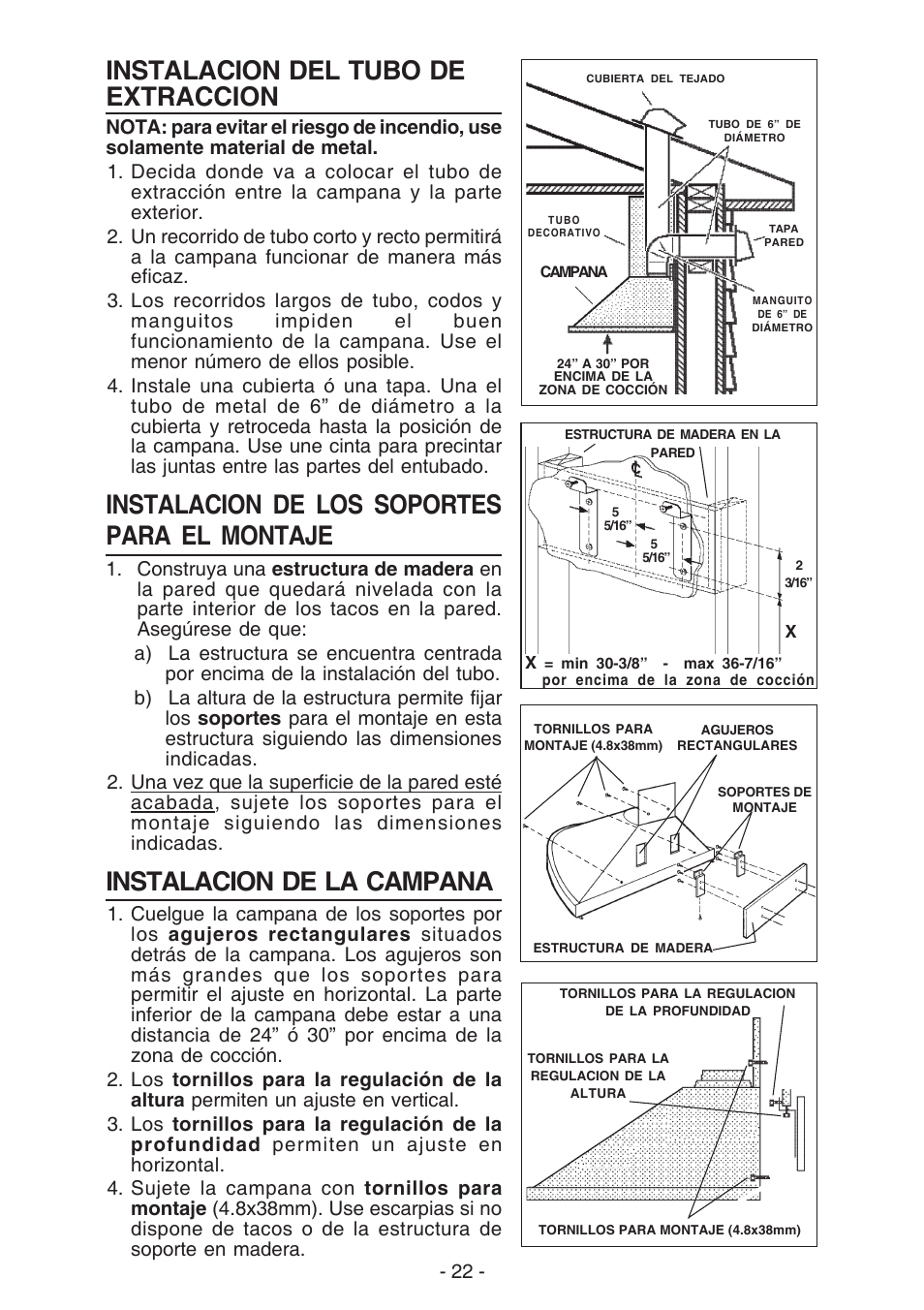 Instalacion del tubo de extraccion, Instalacion de los soportes para el montaje, Instalacion de la campana | Best K15 User Manual | Page 22 / 32