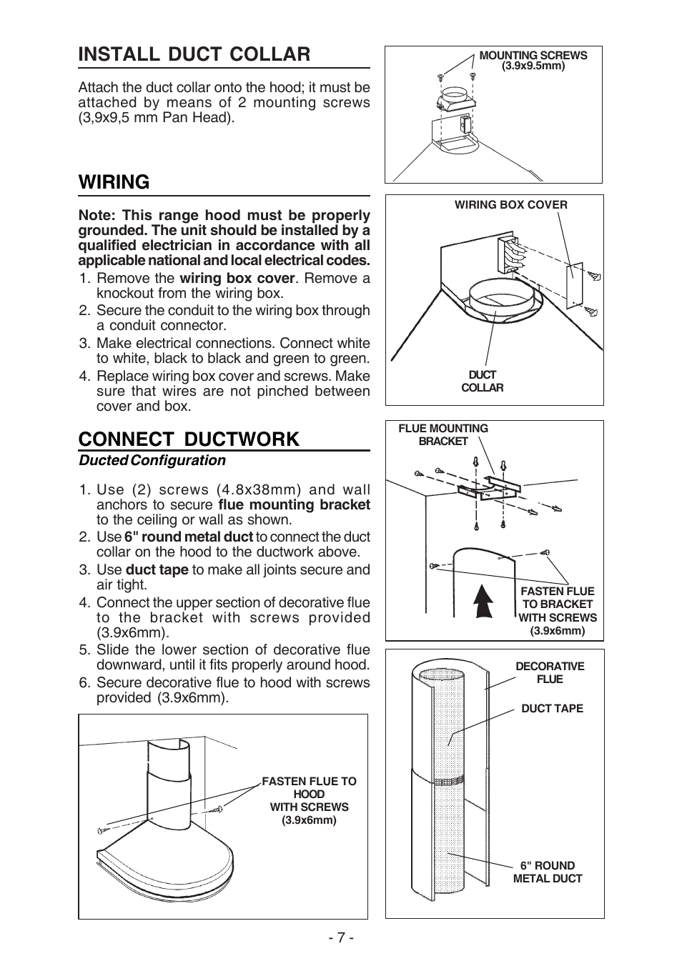 Wiring, Connect ductwork, Install duct collar | Best K15 User Manual | Page 7 / 32