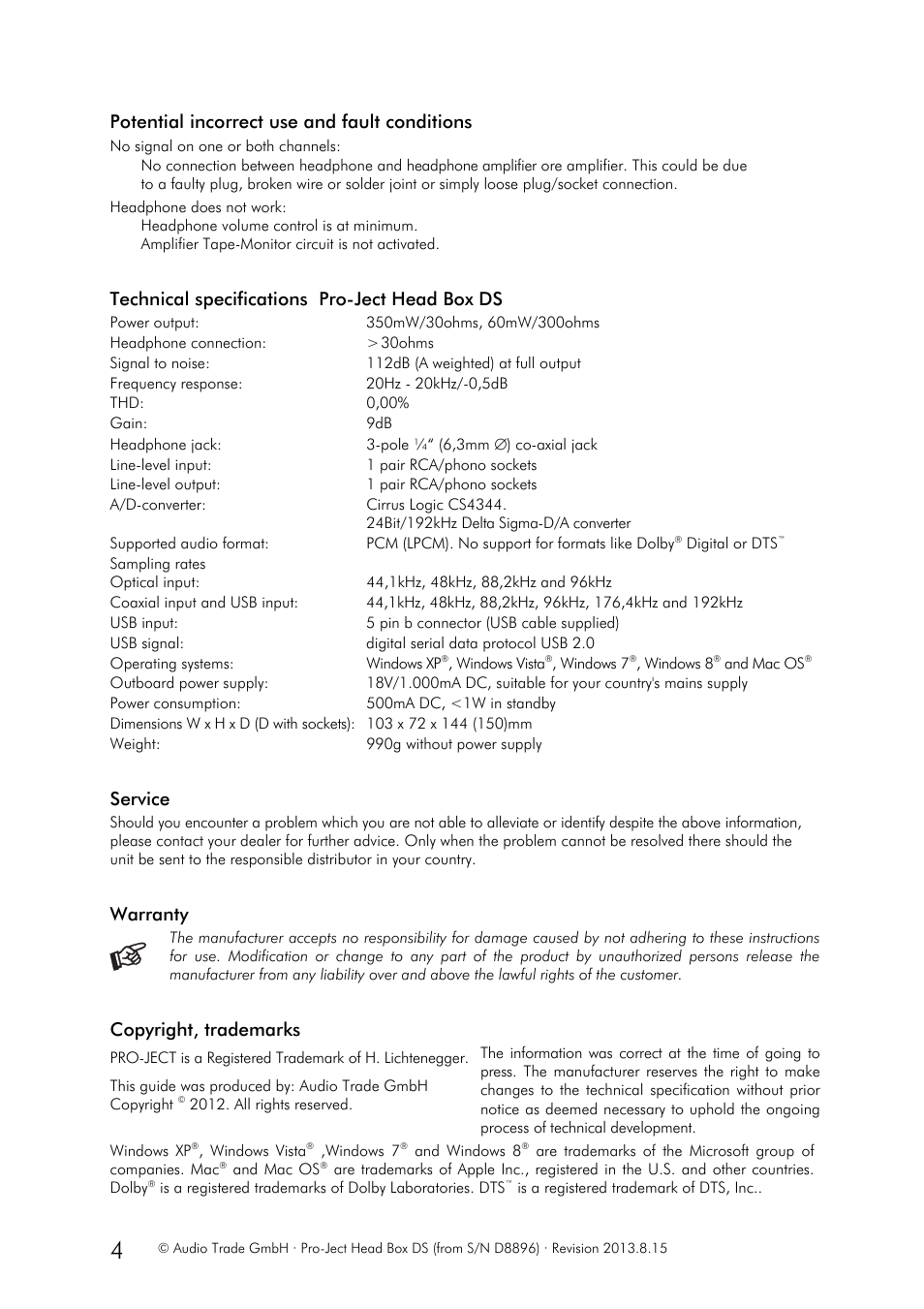 Potential incorrect use and fault conditions, Technical specifications pro-ject head box ds, Service | Warranty, Copyright, trademarks | Pro-Ject Audio Systems Head Box DS User Manual | Page 4 / 4