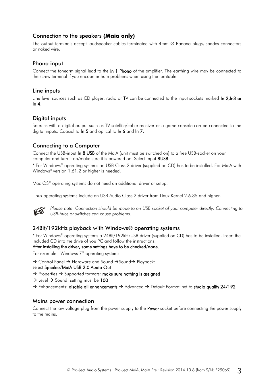 Connection to the speakers (maia only), Phono input, Line inputs | Digital inputs, Connecting to a computer, Mains power connection | Pro-Ject Audio Systems MaiA User Manual | Page 3 / 7