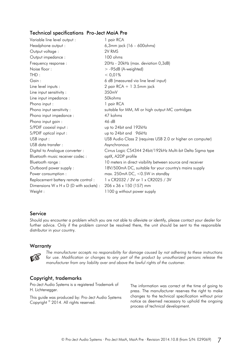 Technical specifications pro-ject maia pre, Service, Warranty | Copyright, trademarks | Pro-Ject Audio Systems MaiA User Manual | Page 7 / 7