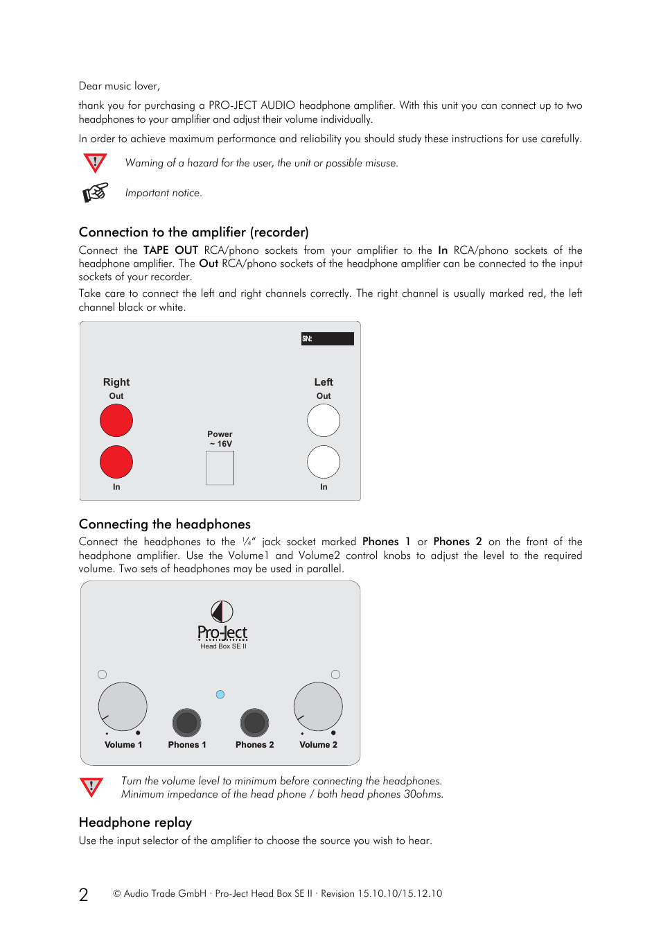 Connection to the amplifier (recorder), Connecting the headphones, Headphone replay | Pro-Ject Audio Systems Head Box SE II User Manual | Page 2 / 3