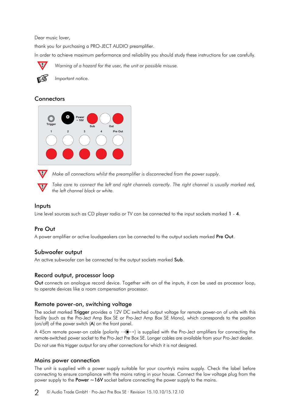 Connectors, Inputs, Pre out | Subwoofer output, Record output, processor loop, Remote power-on, switching voltage, Mains power connection | Pro-Ject Audio Systems Pre Box SE User Manual | Page 2 / 4