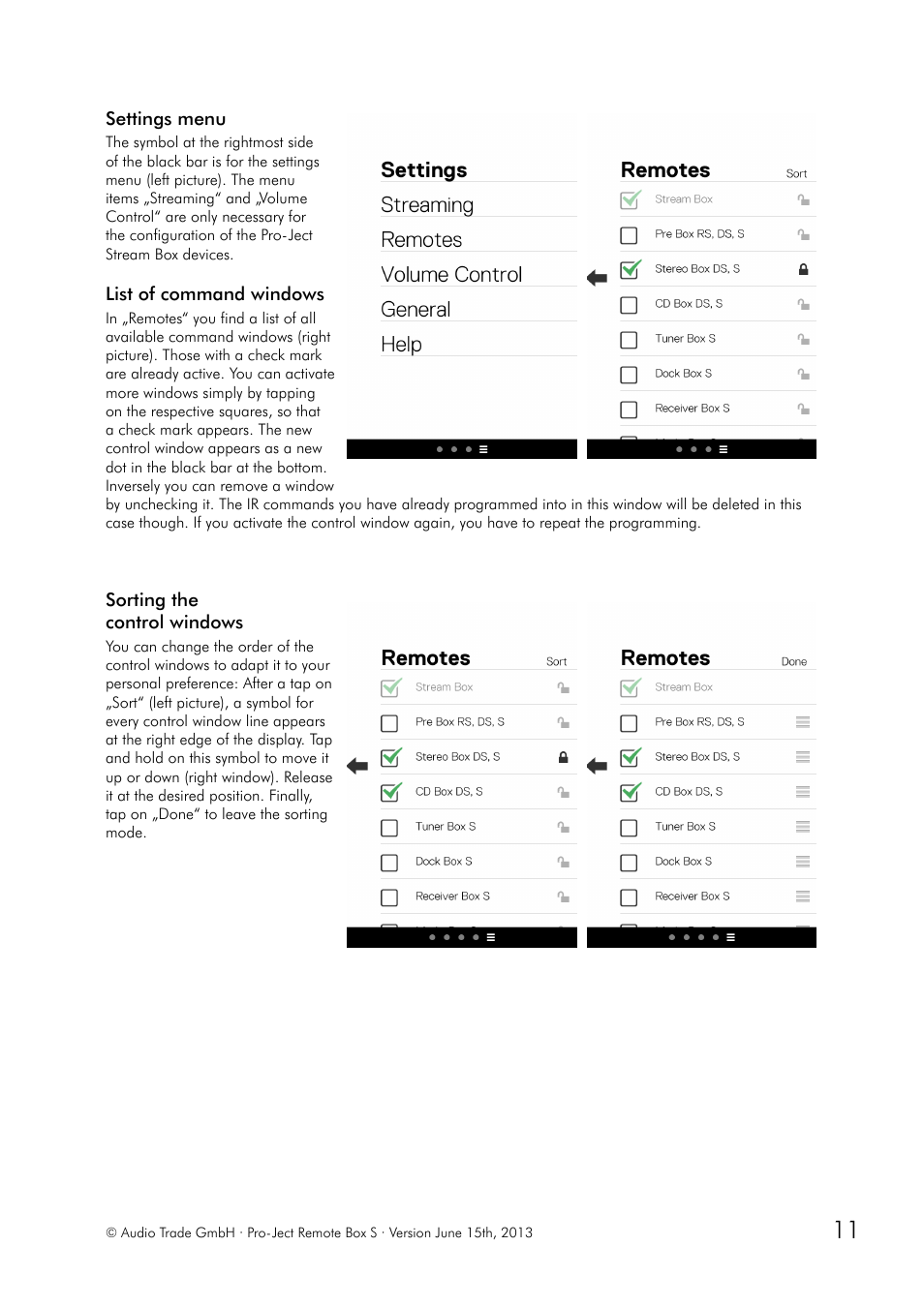 Settings menu, List of command windows, Sorting the control windows | Pro-Ject Audio Systems Remote Box S User Manual | Page 11 / 12