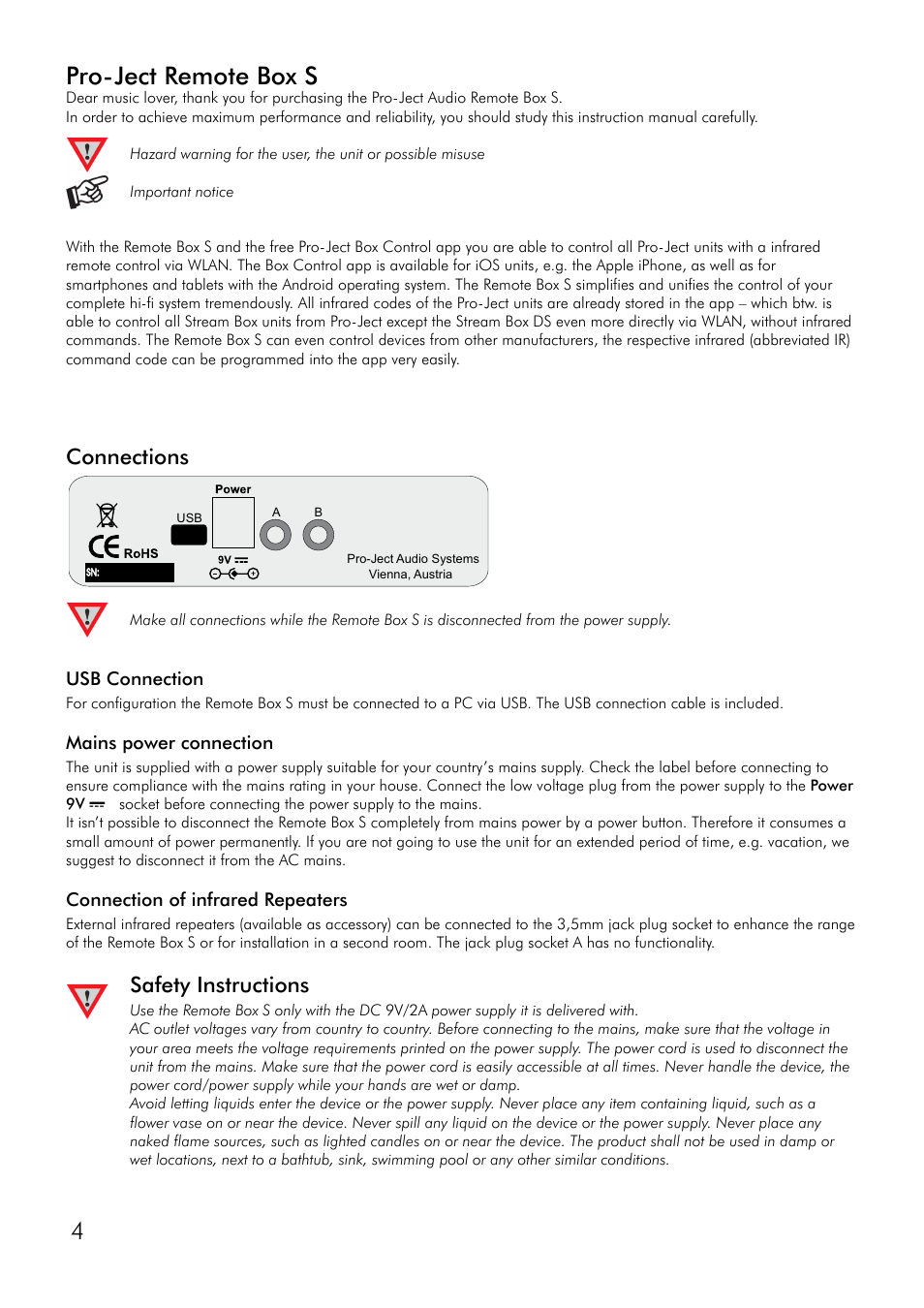 Connections, Usb connection, Mains power connection | Connection of infrared repeaters, Safety instructions, 4pro-ject remote box s | Pro-Ject Audio Systems Remote Box S User Manual | Page 4 / 12
