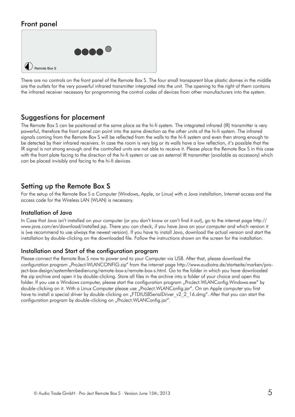 Front panel, Suggestions for placement, Setting up the remote box s | Installation of java | Pro-Ject Audio Systems Remote Box S User Manual | Page 5 / 12