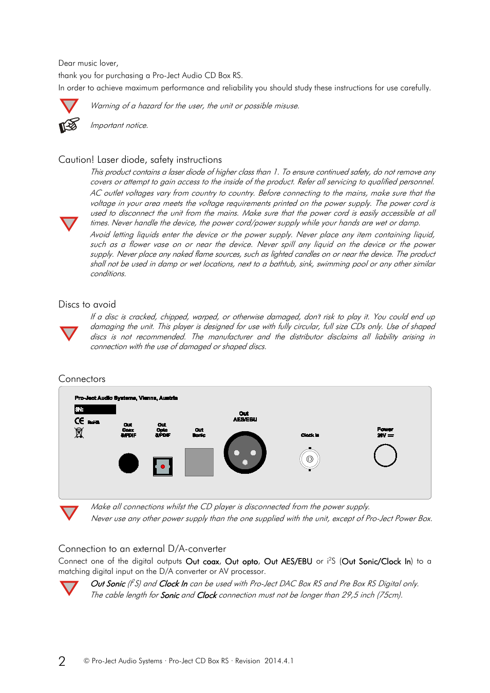Caution! laser diode, safety instructions, Discs to avoid, Connectors | Connection to an external d/a-converter | Pro-Ject Audio Systems CD Box RS User Manual | Page 2 / 6