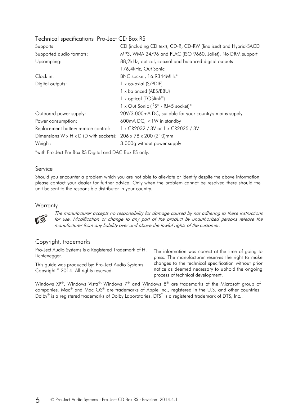 Technical specifications pro-ject cd box rs, Service, Warranty | Copyright, trademarks | Pro-Ject Audio Systems CD Box RS User Manual | Page 6 / 6