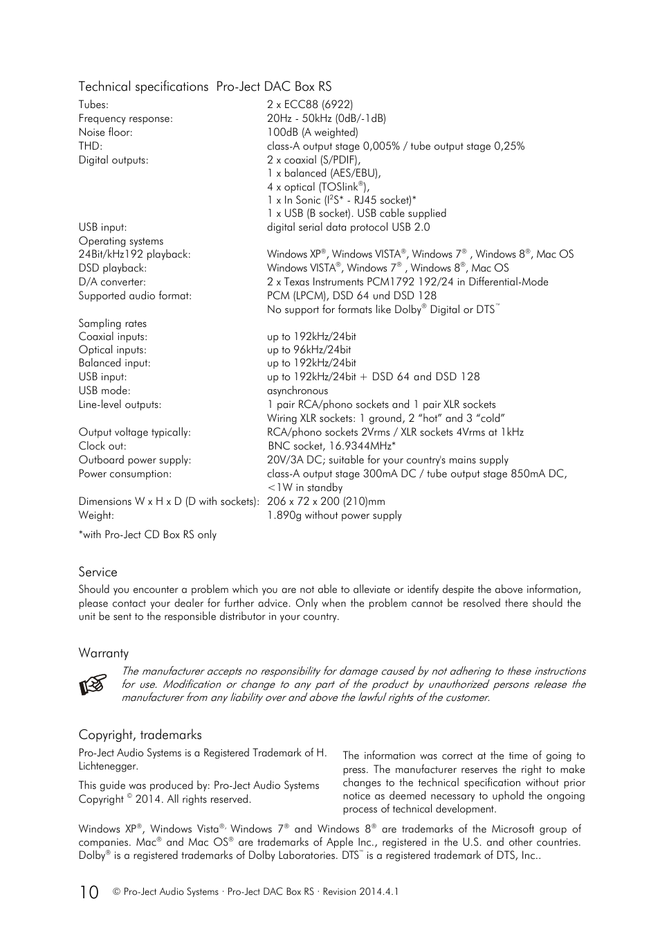 Technical specifications pro-ject dac box rs, Service, Warranty | Copyright, trademarks | Pro-Ject Audio Systems DAC Box RS User Manual | Page 10 / 10