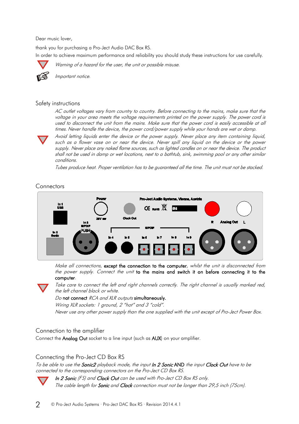 Important notice, Safety instructions, Do not connect rca and xlr outputs simultaneously | Pro-Ject Audio Systems DAC Box RS User Manual | Page 2 / 10