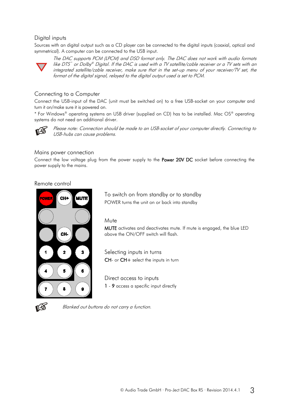 Remote control | Pro-Ject Audio Systems DAC Box RS User Manual | Page 3 / 10