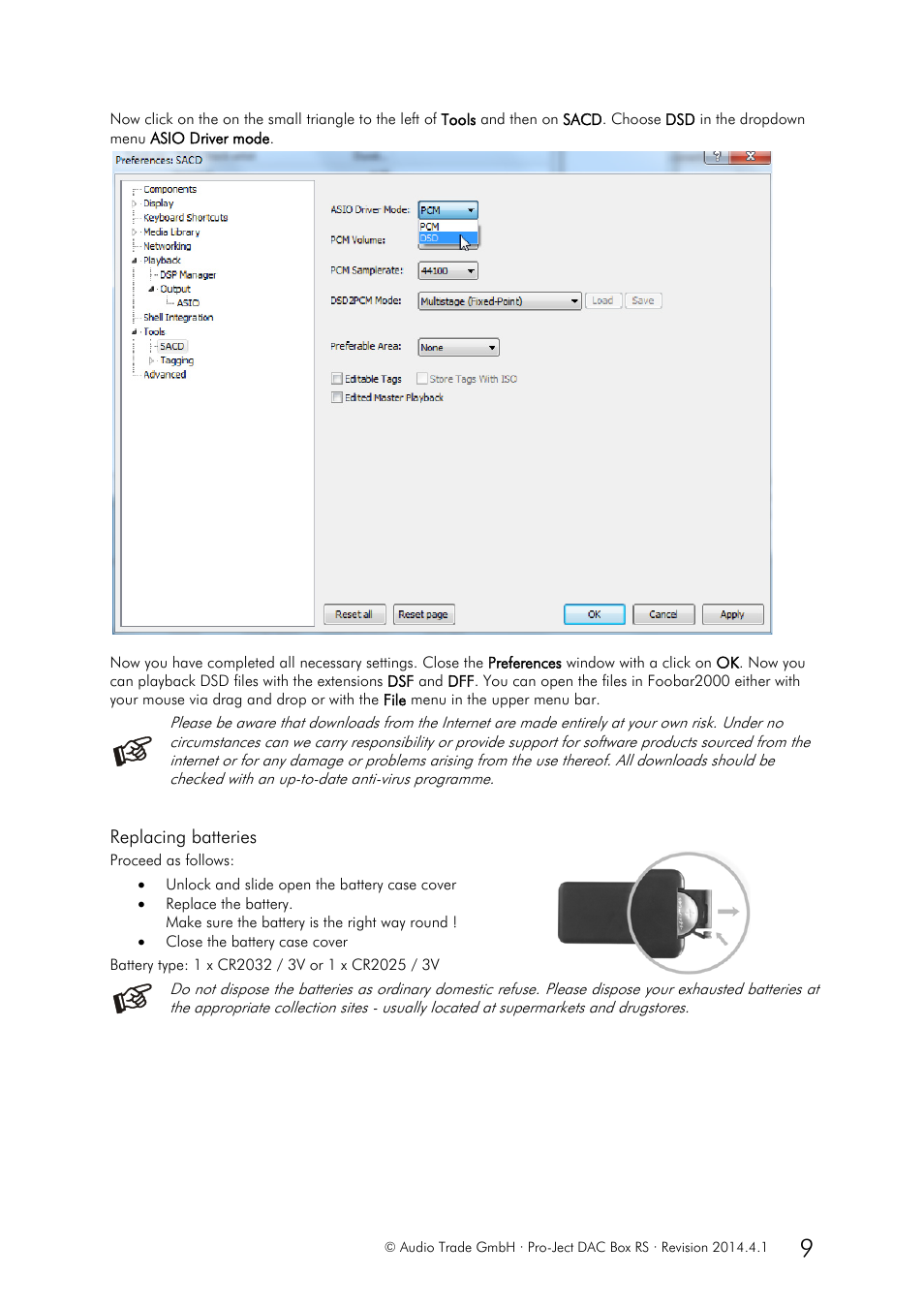 Replacing batteries | Pro-Ject Audio Systems DAC Box RS User Manual | Page 9 / 10