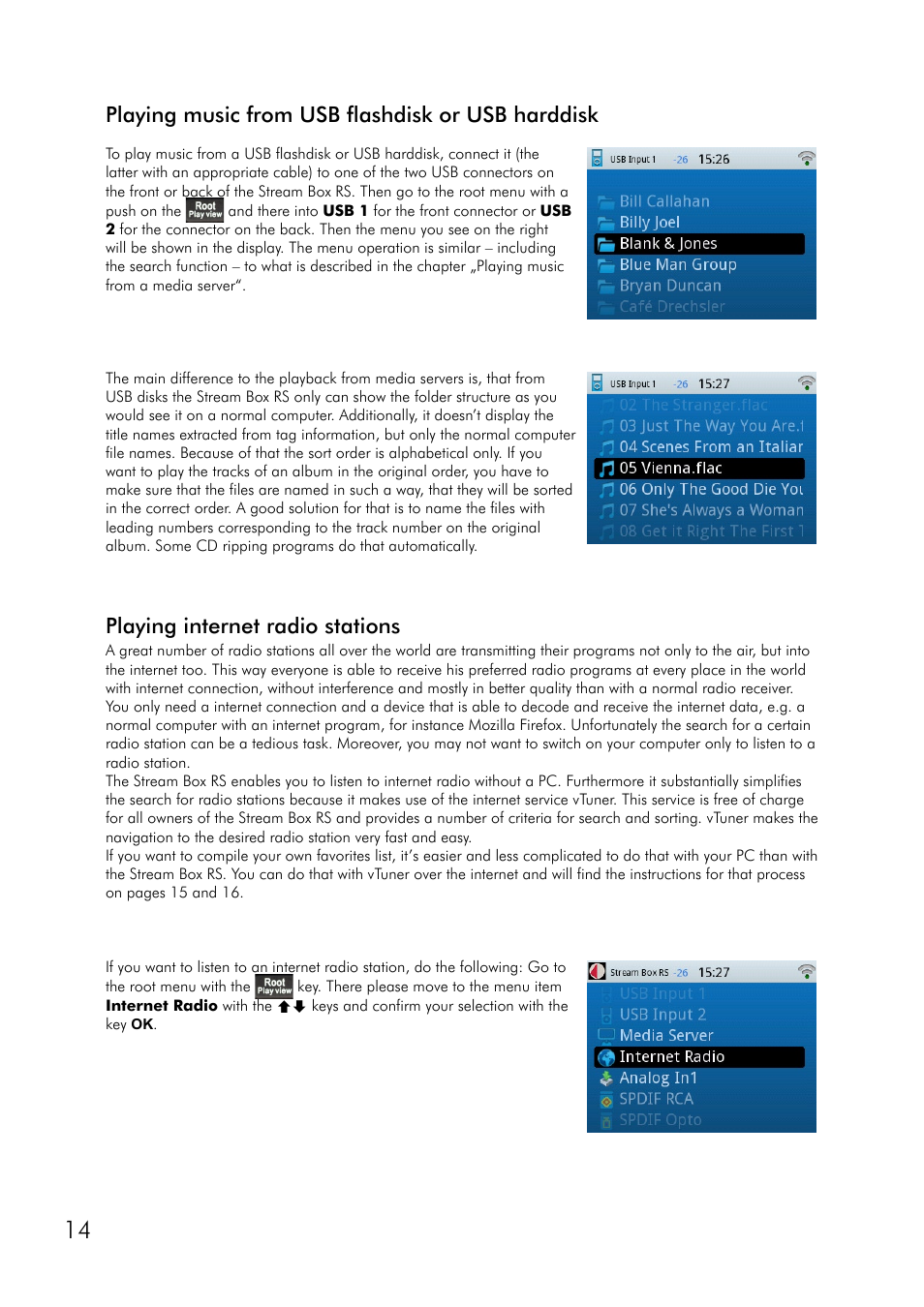 Playing music from usb flashdisk or usb harddisk, Playing internet radio stations | Pro-Ject Audio Systems Stream Box RS User Manual | Page 14 / 20