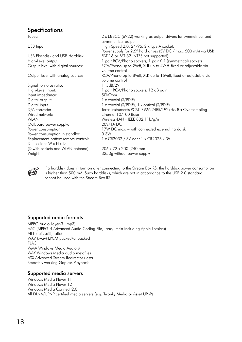 Specifications, Supported audio formats, Supported media servers | Supported audio formats supported media servers | Pro-Ject Audio Systems Stream Box RS User Manual | Page 18 / 20