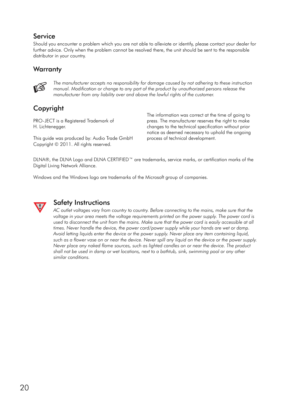 Service, Warranty, Copyright | Safety instructions | Pro-Ject Audio Systems Stream Box RS User Manual | Page 20 / 20