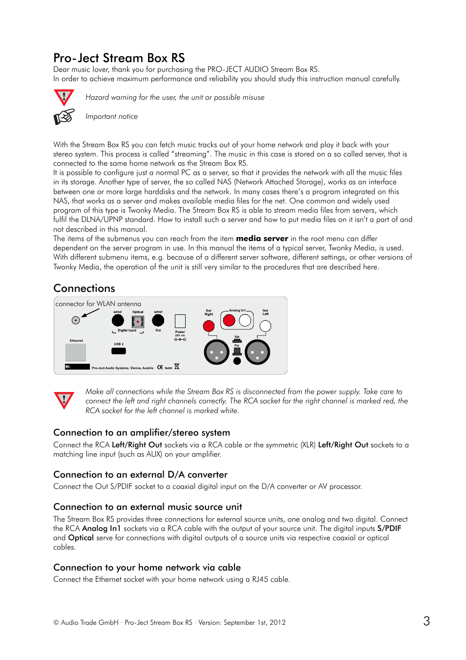 Connections, Connection to an amplifier/stereo system, Connection to an external d/a converter | Connection to an external music source unit, Connection to your home network via cable, Pro-ject stream box rs | Pro-Ject Audio Systems Stream Box RS User Manual | Page 3 / 20