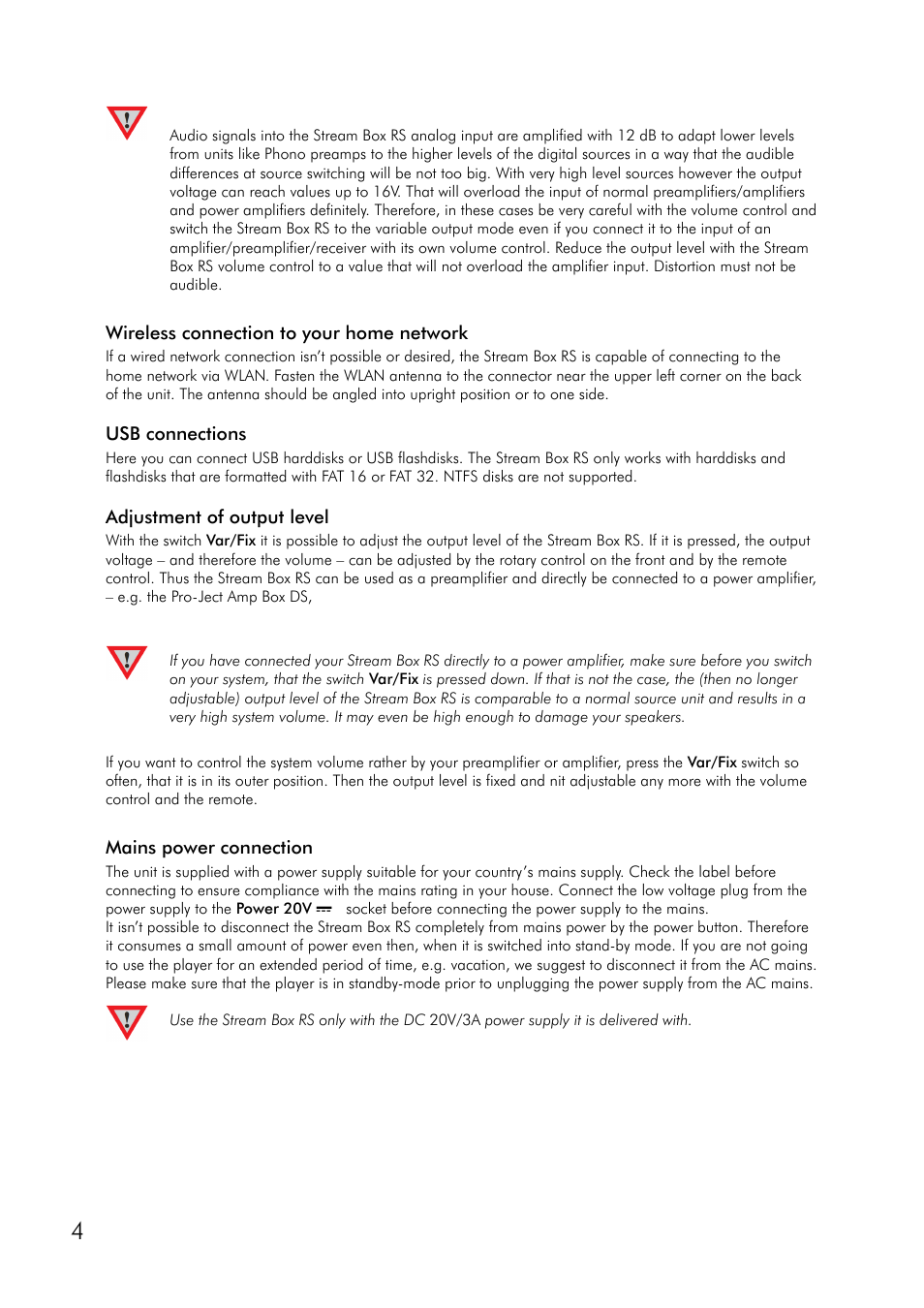 Wireless connection to your home network, Usb connections, Adjustment of output level | Mains power connection | Pro-Ject Audio Systems Stream Box RS User Manual | Page 4 / 20
