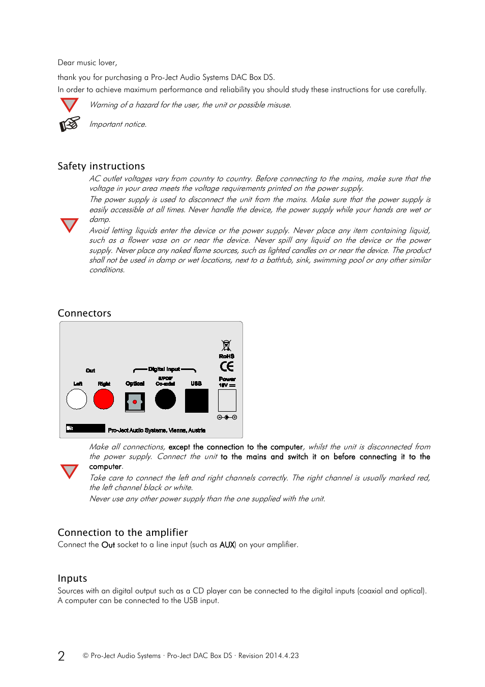 Important notice, Safety instructions | Pro-Ject Audio Systems DAC Box DS User Manual | Page 2 / 5