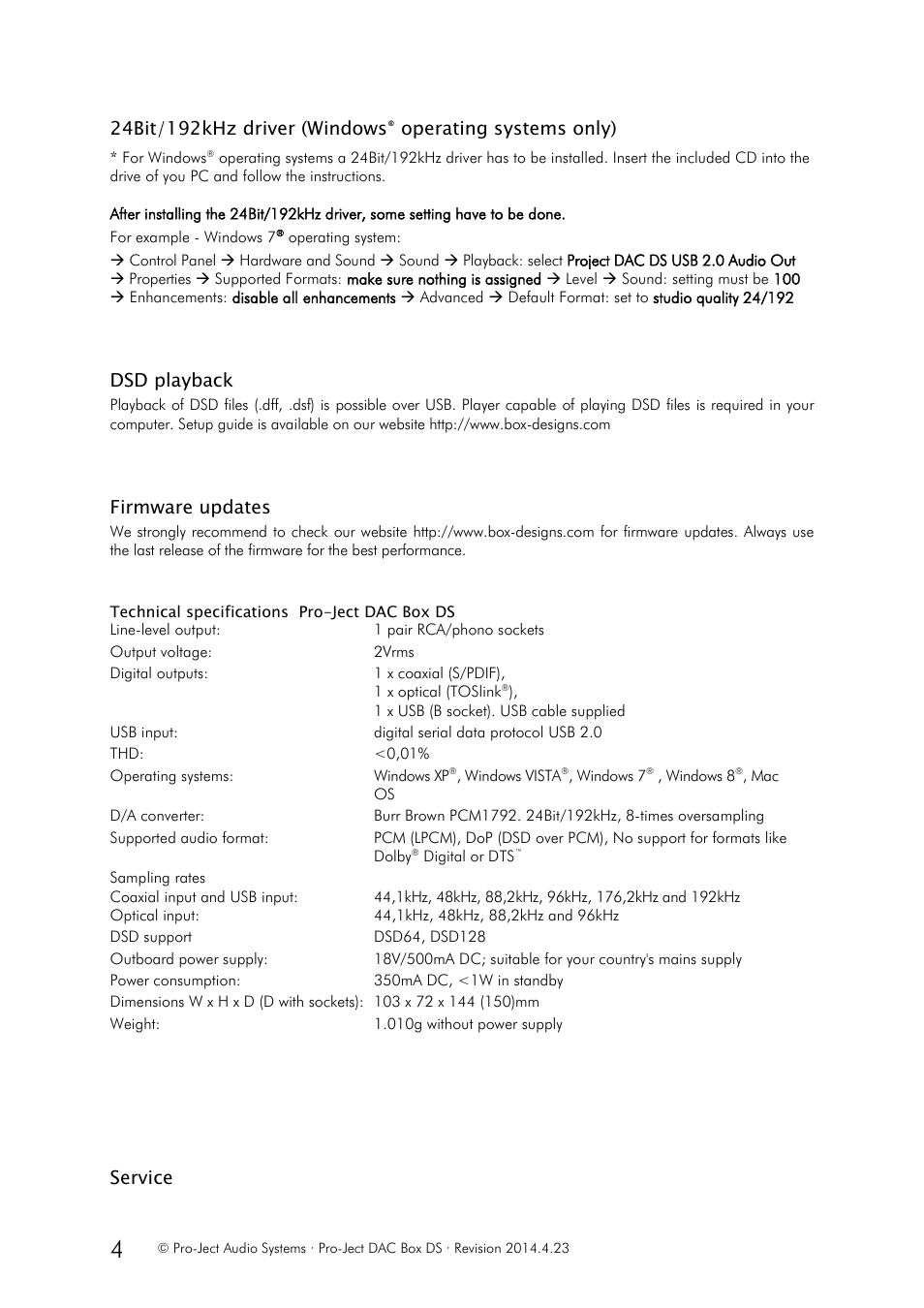 Dsd playback, Firmware updates, Service | Operating systems only) | Pro-Ject Audio Systems DAC Box DS User Manual | Page 4 / 5