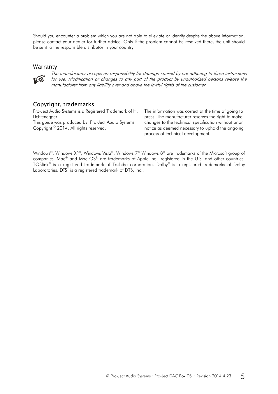 Warranty, Copyright, trademarks | Pro-Ject Audio Systems DAC Box DS User Manual | Page 5 / 5