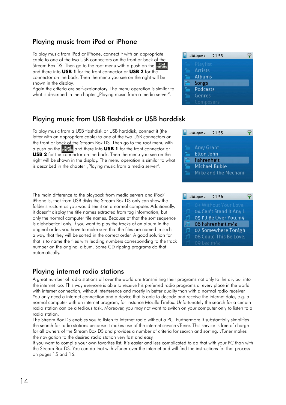 Playing music from ipod or iphone, Playing music from usb flashdisk or usb harddisk, Playing internet radio stations | Pro-Ject Audio Systems Stream Box DS net User Manual | Page 14 / 20
