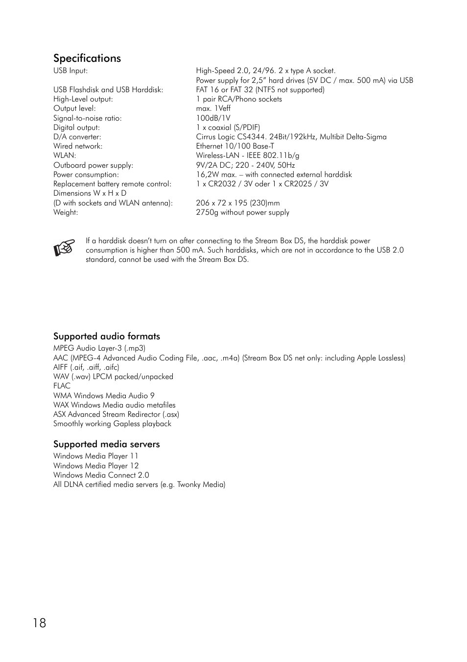 Specifications, Supported audio formats supported media servers | Pro-Ject Audio Systems Stream Box DS net User Manual | Page 18 / 20