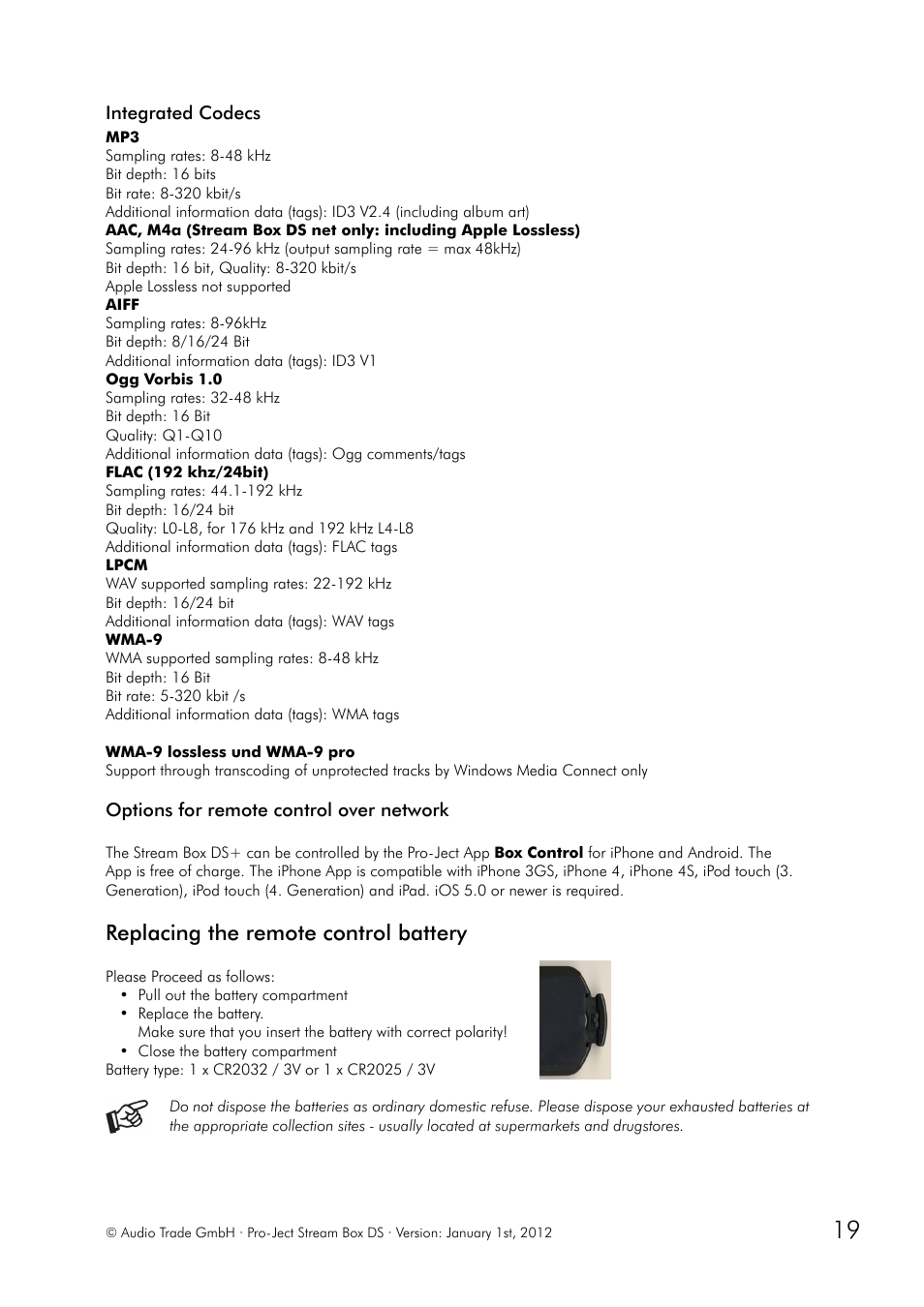 Replacing the remote control battery | Pro-Ject Audio Systems Stream Box DS net User Manual | Page 19 / 20