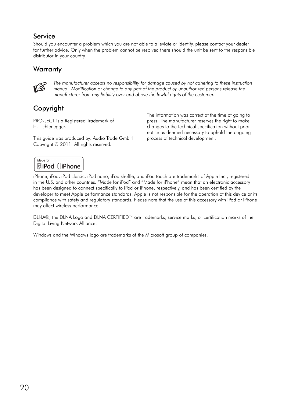 Service, Warranty, Copyright | Pro-Ject Audio Systems Stream Box DS net User Manual | Page 20 / 20