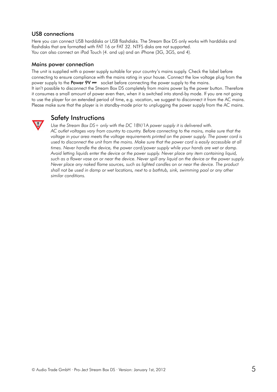 Usb connections mains power connection, Safety instructions | Pro-Ject Audio Systems Stream Box DS net User Manual | Page 5 / 20