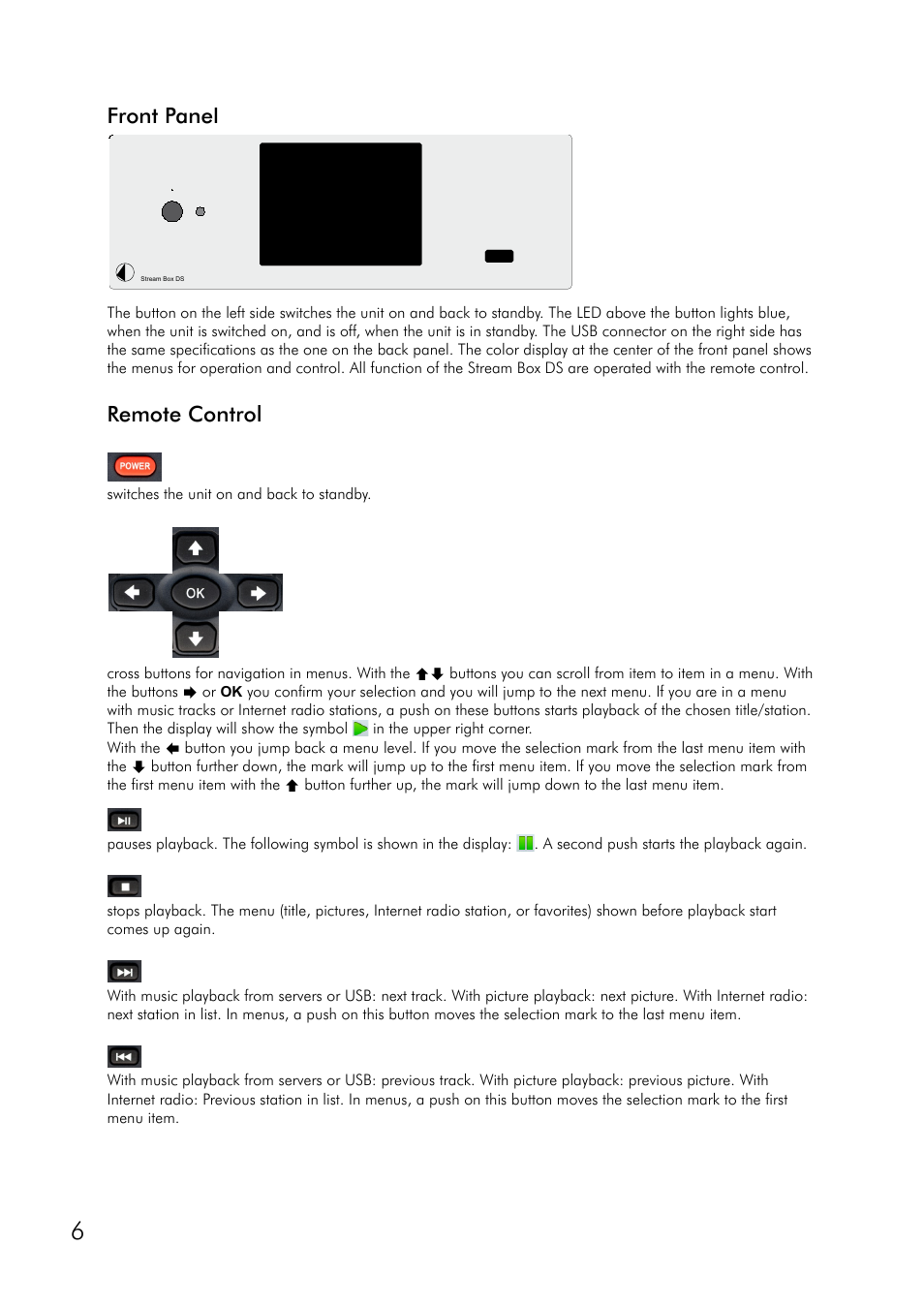 Front panel, Remote control | Pro-Ject Audio Systems Stream Box DS net User Manual | Page 6 / 20