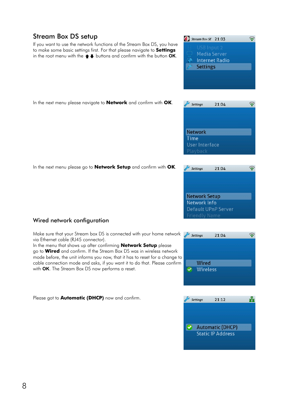 Stream box ds setup, Wired network configuration | Pro-Ject Audio Systems Stream Box DS net User Manual | Page 8 / 20