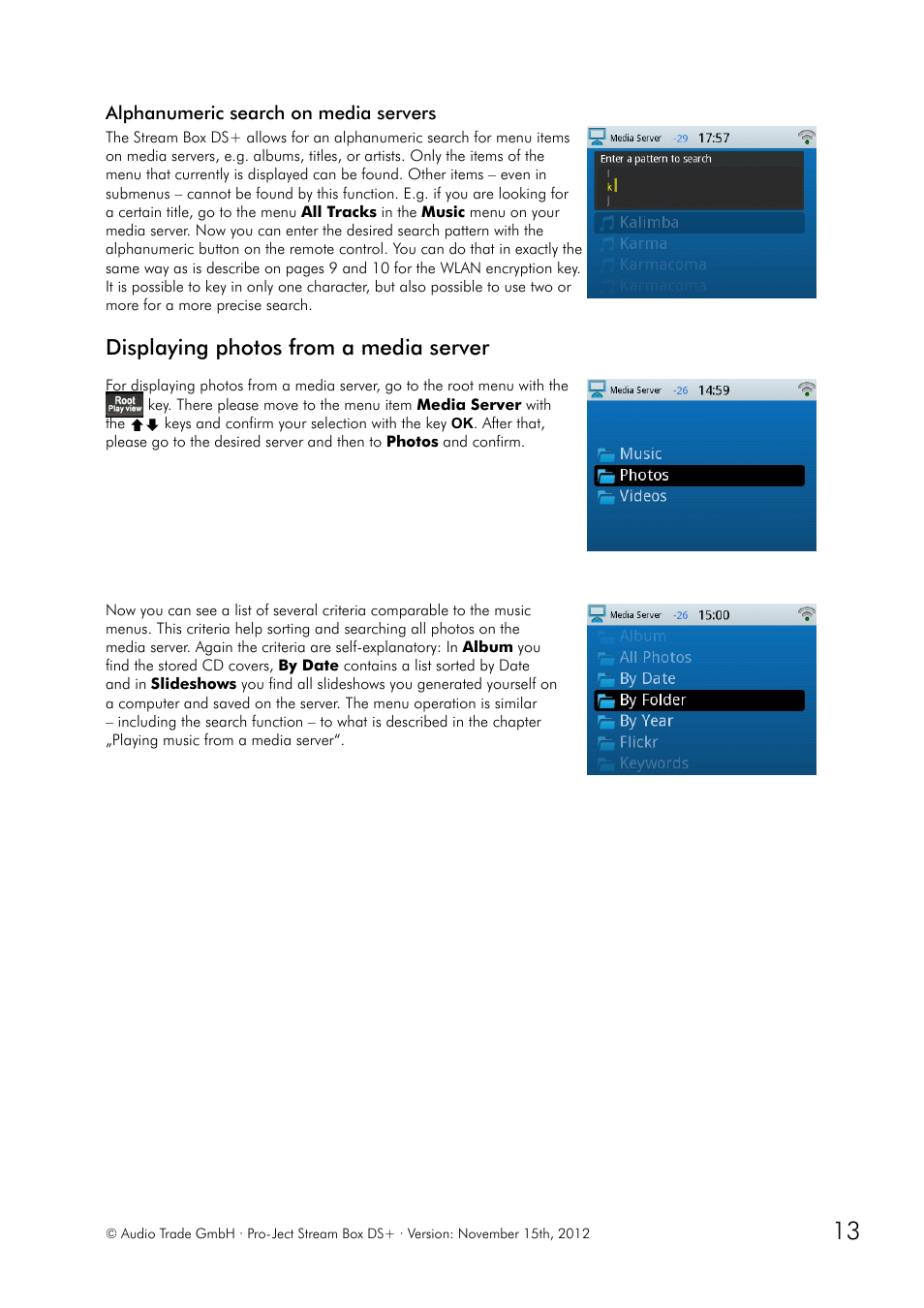 Alphanumeric search on media servers, Displaying photos from a media server | Pro-Ject Audio Systems Stream Box DS + User Manual | Page 13 / 20