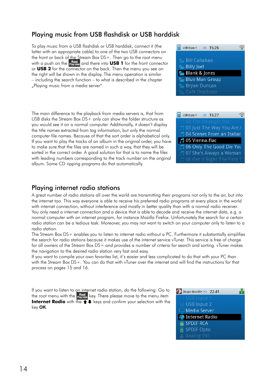 Playing music from usb flashdisk or usb harddisk, Playing internet radio stations | Pro-Ject Audio Systems Stream Box DS + User Manual | Page 14 / 20