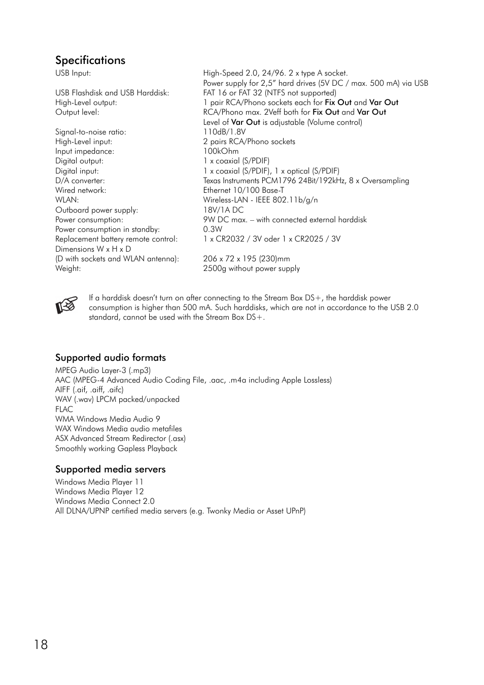 Specifications, Supported audio formats, Supported media servers | Supported audio formats supported media servers | Pro-Ject Audio Systems Stream Box DS + User Manual | Page 18 / 20