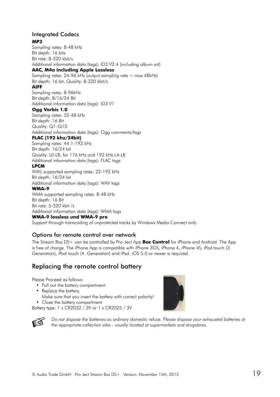 Integrated codecs, Options for remote control over network, Replacing the remote control battery | Pro-Ject Audio Systems Stream Box DS + User Manual | Page 19 / 20