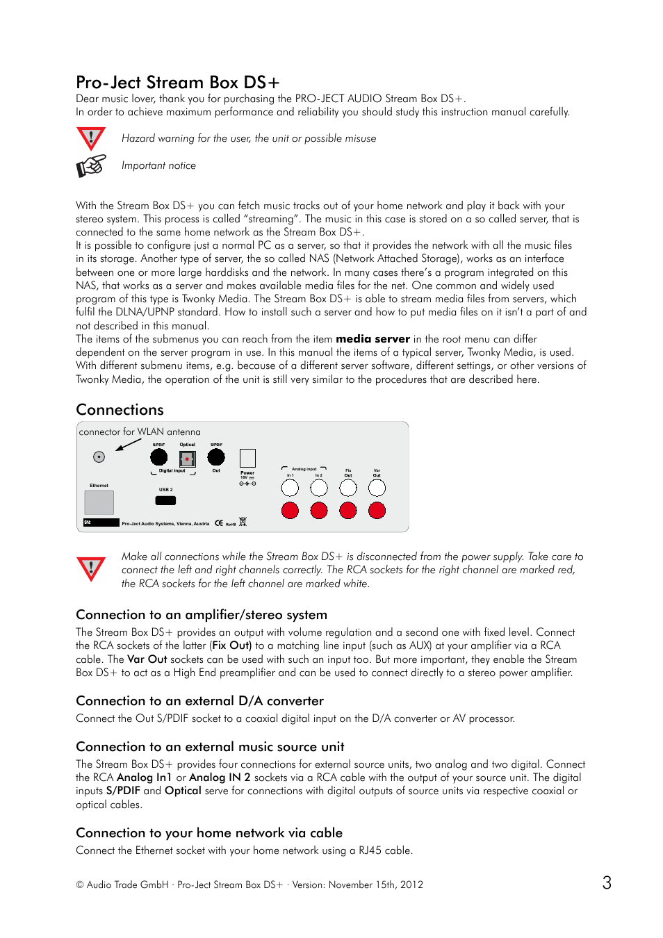 Connections, Connection to an amplifier/stereo system, Connection to an external d/a converter | Connection to an external music source unit, Connection to your home network via cable, Pro-ject stream box ds | Pro-Ject Audio Systems Stream Box DS + User Manual | Page 3 / 20