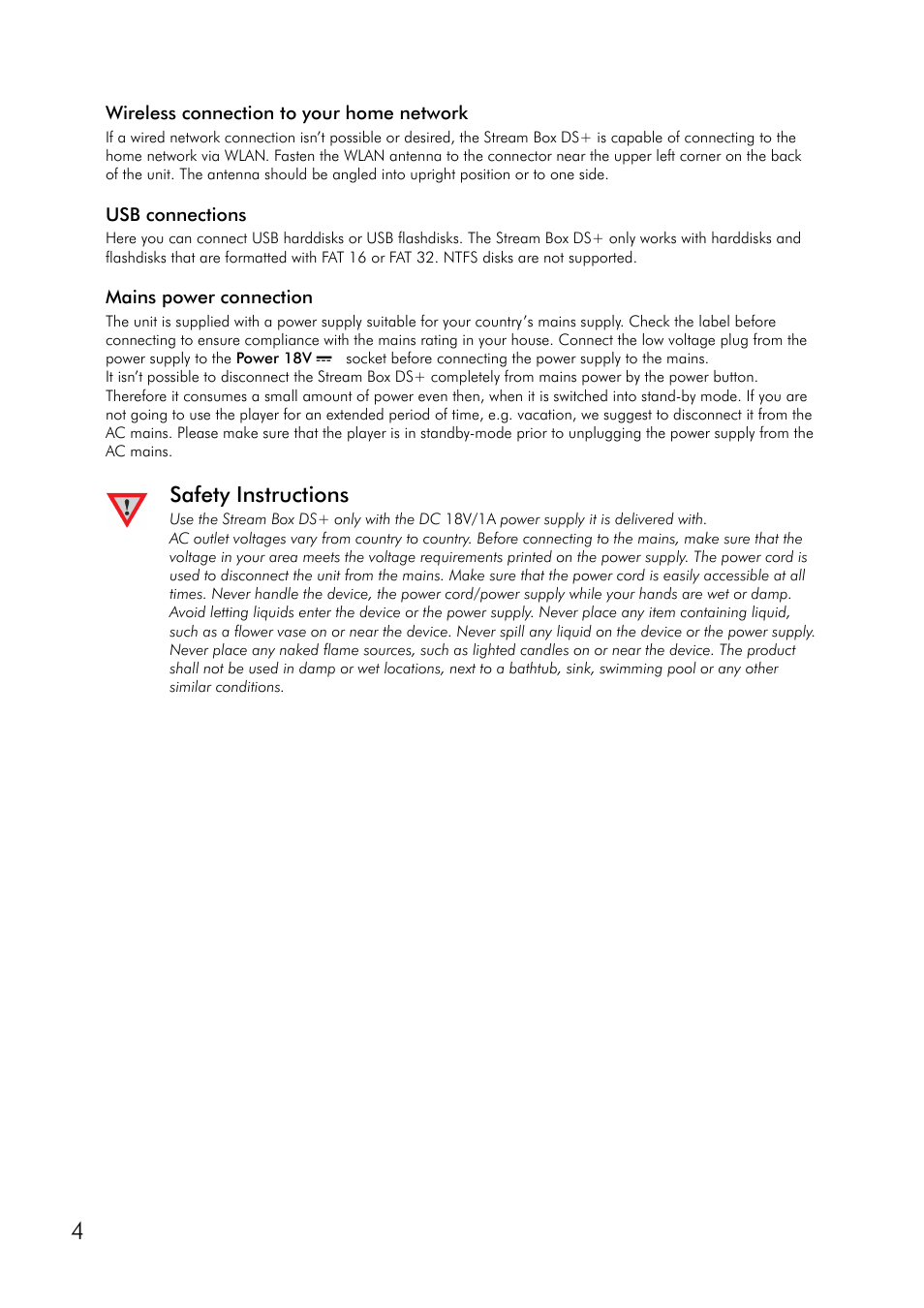 Wireless connection to your home network, Usb connections, Mains power connection | Safety instructions | Pro-Ject Audio Systems Stream Box DS + User Manual | Page 4 / 20