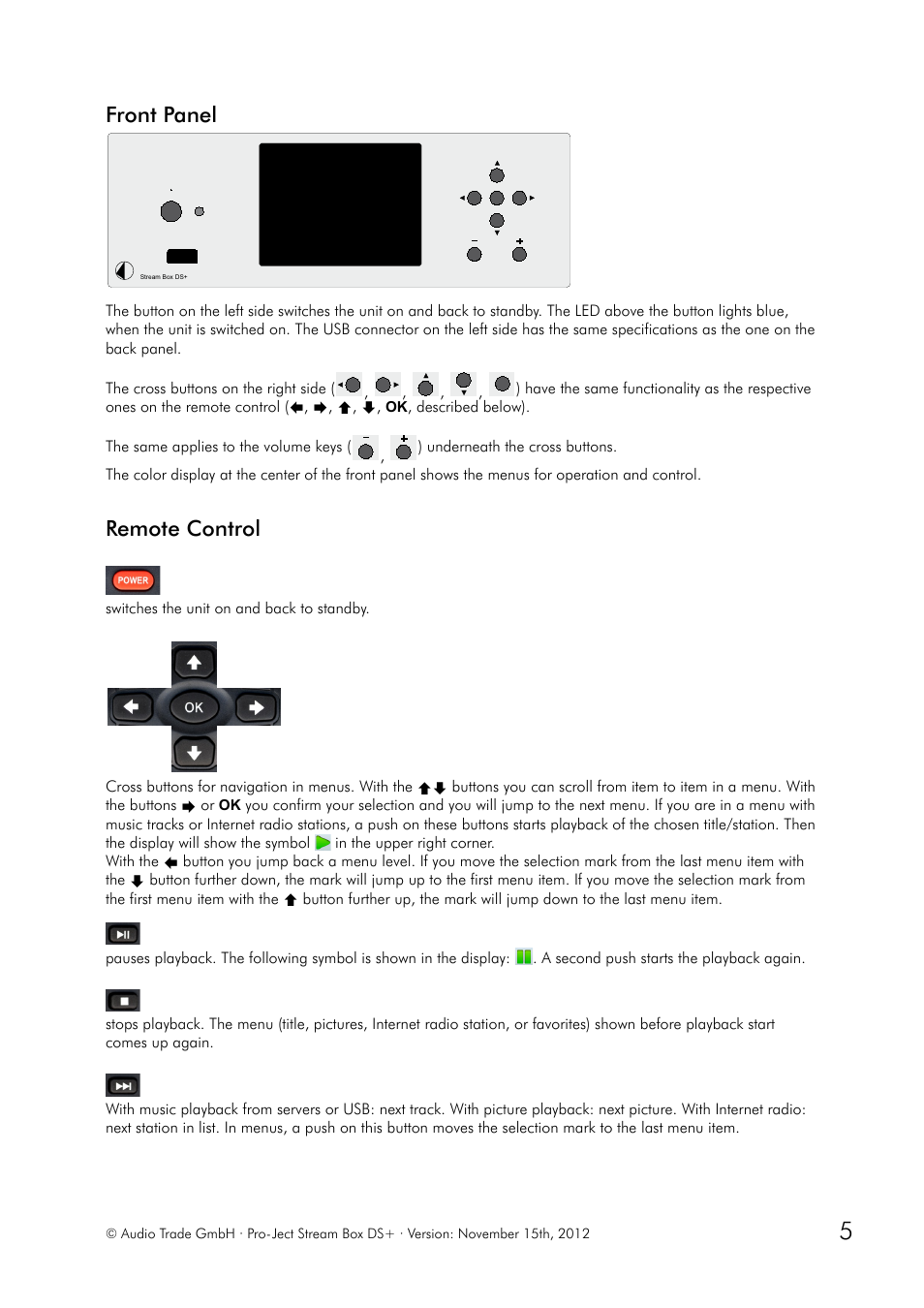 Front panel, Remote control | Pro-Ject Audio Systems Stream Box DS + User Manual | Page 5 / 20