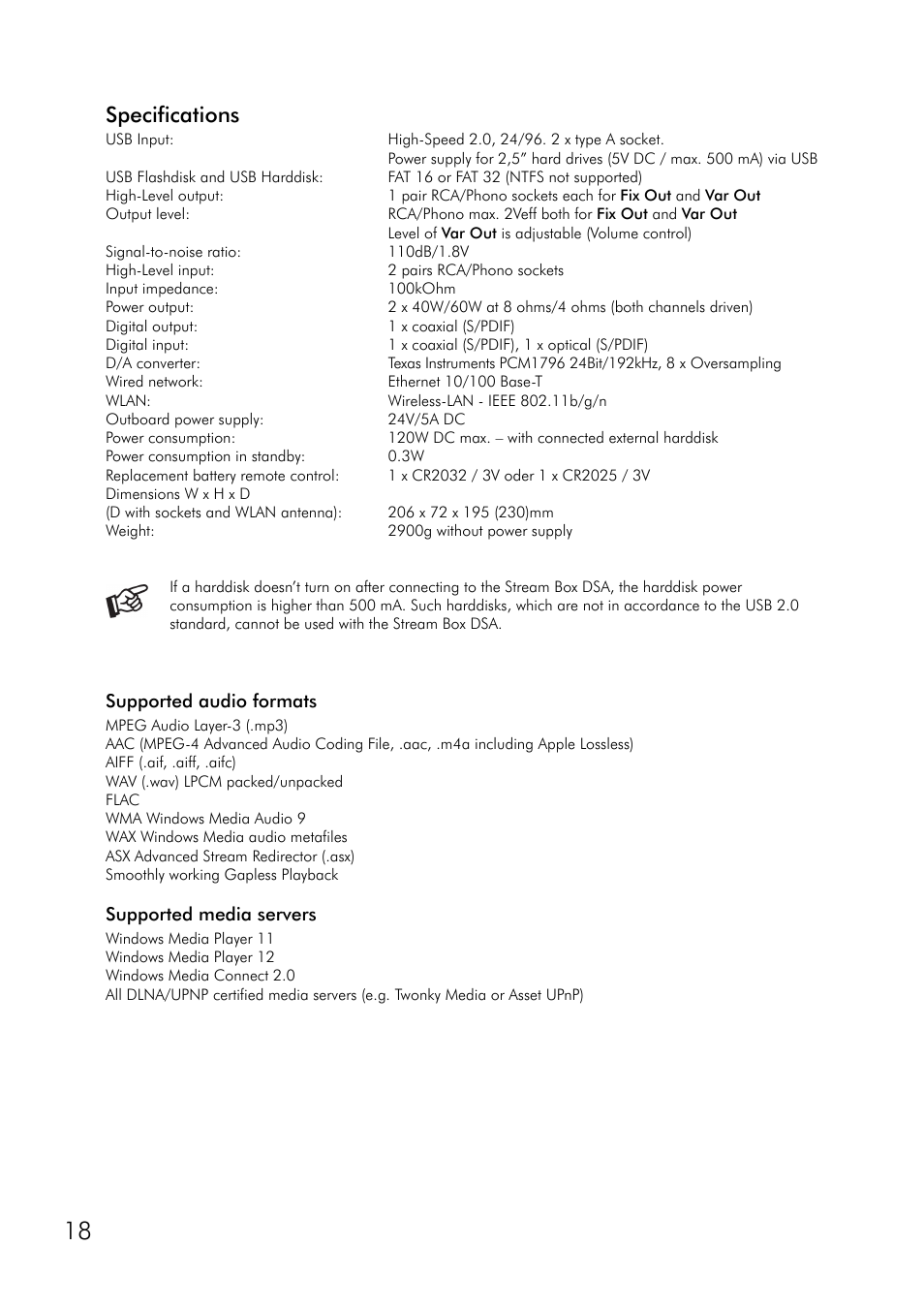 Specifications, Supported audio formats, Supported media servers | Supported audio formats supported media servers | Pro-Ject Audio Systems Stream Box DSA User Manual | Page 18 / 20