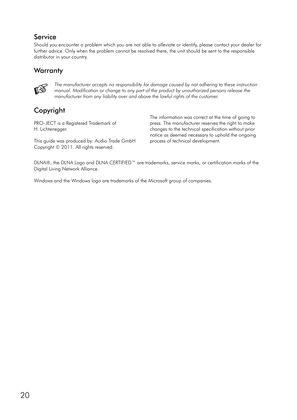 Service, Warranty, Copyright | Pro-Ject Audio Systems Stream Box DSA User Manual | Page 20 / 20