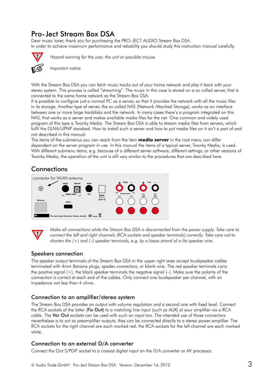 Connections, Speakers connection, Connection to an amplifier/stereo system | Connection to an external d/a converter, Pro-ject stream box dsa | Pro-Ject Audio Systems Stream Box DSA User Manual | Page 3 / 20