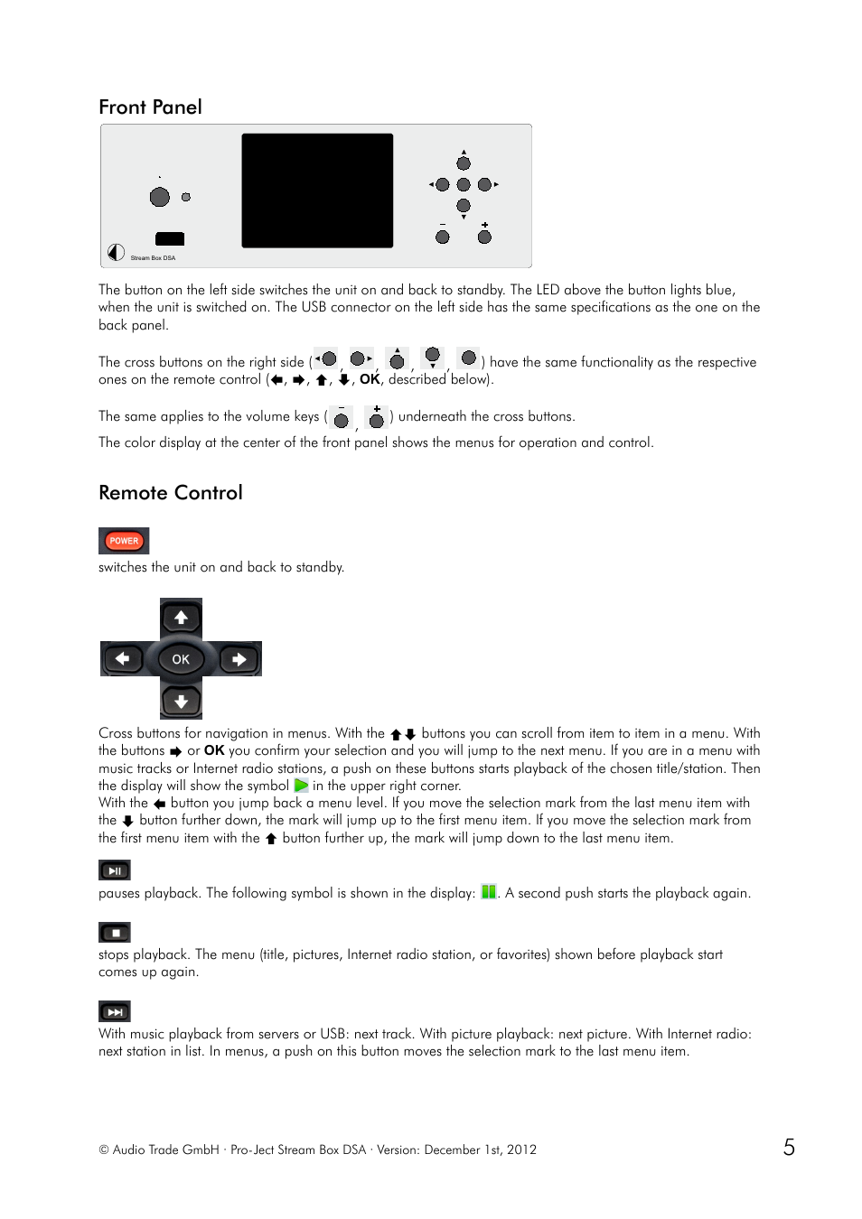 Front panel, Remote control | Pro-Ject Audio Systems Stream Box DSA User Manual | Page 5 / 20