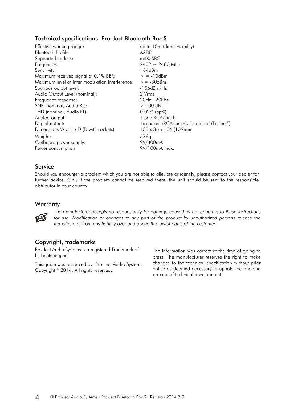 Technical specifications pro-ject bluetooth box s, Service, Warranty | Copyright, trademarks | Pro-Ject Audio Systems Bluetooth Box S User Manual | Page 4 / 4
